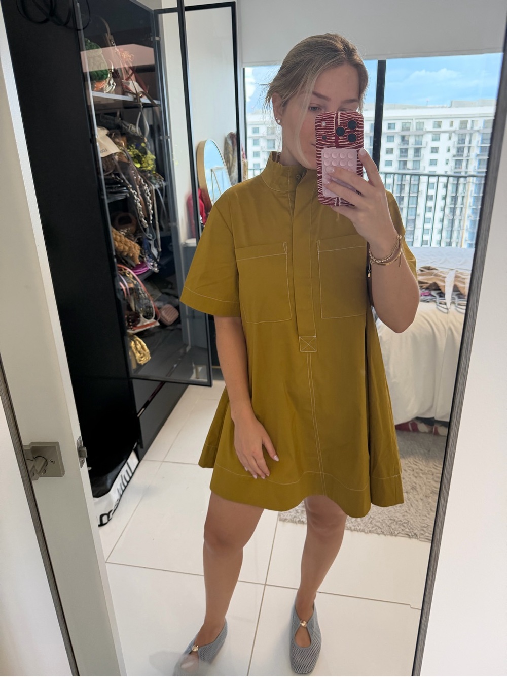 Christian Lacroix Olive Green Short-Sleeve A-Line Dress